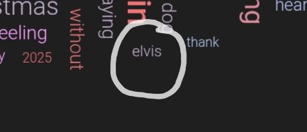 Close up of part of my Bluesky word cloud with the word 'elvis' with a wobbly white circle drawn around it.