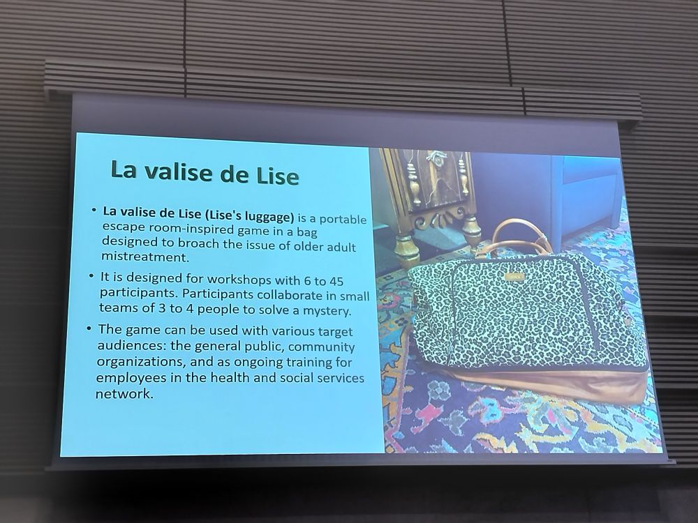 Conference presentation slide, showing a leopardskin pattern bag and a description of a serious game 'La valise de Lise' about the mistreatment of older people.