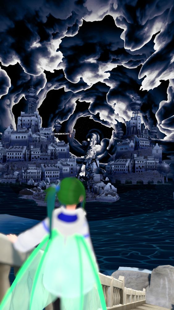 VR photo of my VRChat main character, Sola (anime girl with green-blue hair, glasses, blue shirt, white-blue jacket, black thighhighs, brown boots, fairy wings).

The world used as the background is:

World: The Story Thus Far
Author: CoverVR_001