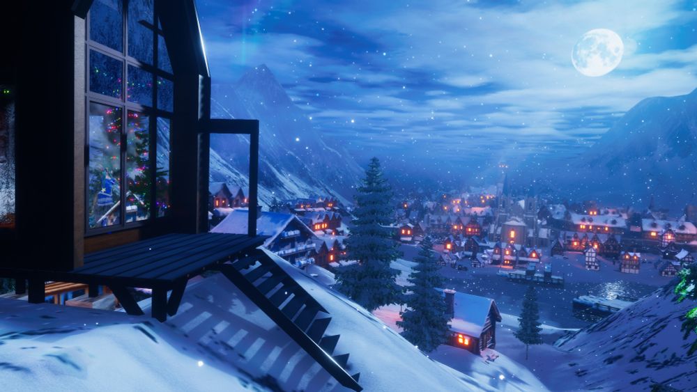 Virtual Reality photo of my main character Sola (anime girl with glasses, green colored hair, with blue inner hair color, hair tied as a side ponytail) wearing her christmas outfit (blue coat, gloves, skirt, boots, adorned with white snow crystal patterns, black pantyhose, with christmas tree ornaments on the ponytail; also visible are Sola's draconic tail which is adorned with a green ribbon and bells; her draconic horns are also adorned with ribbons and bells) looking outside at the warm-looking town within the mountains.