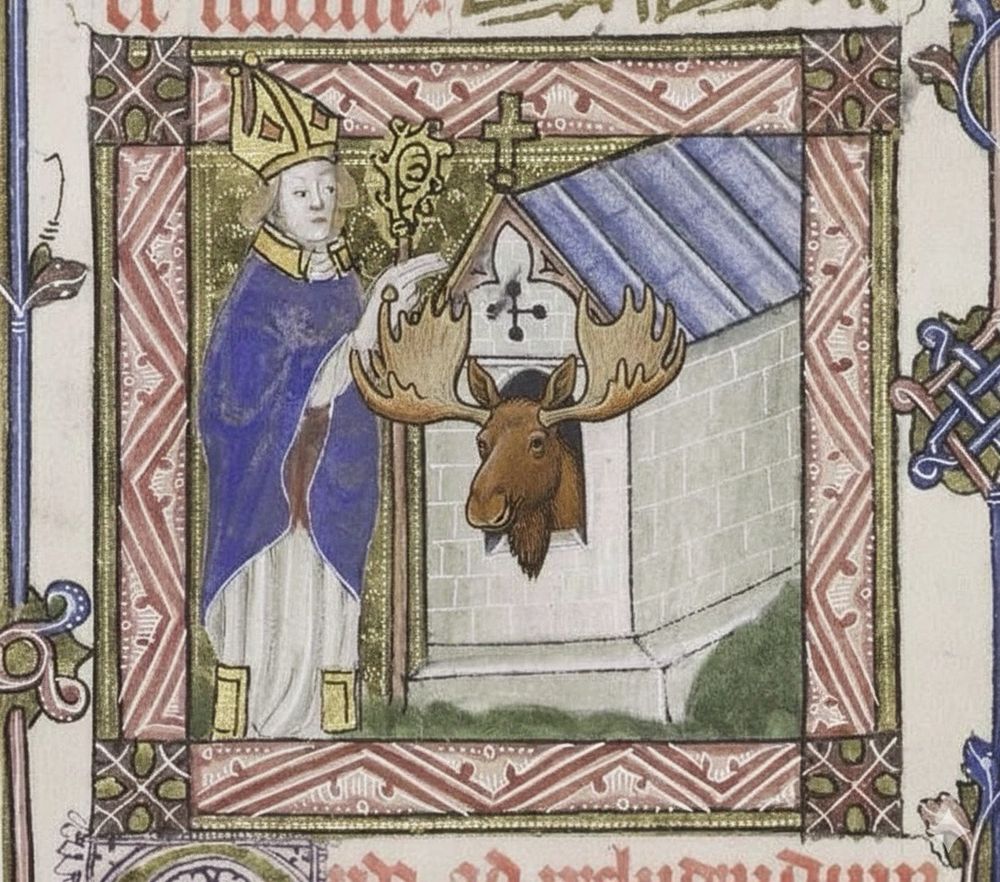 An alerted medieval image of a priest outside an Anchorite’s cell. The Anchorite is a moose.