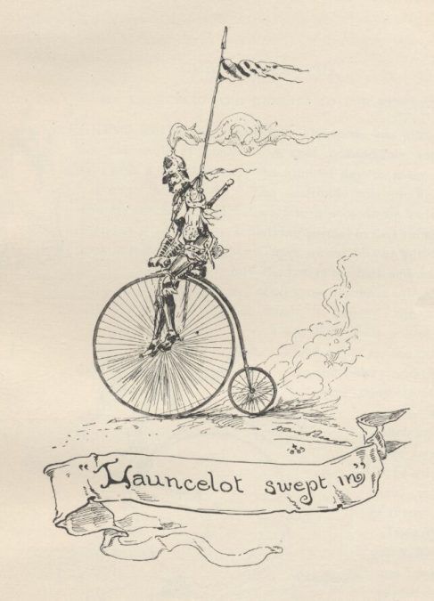 An image from Twain’s Connecticut Yankee of Lanucelot on an ordinary bicycle