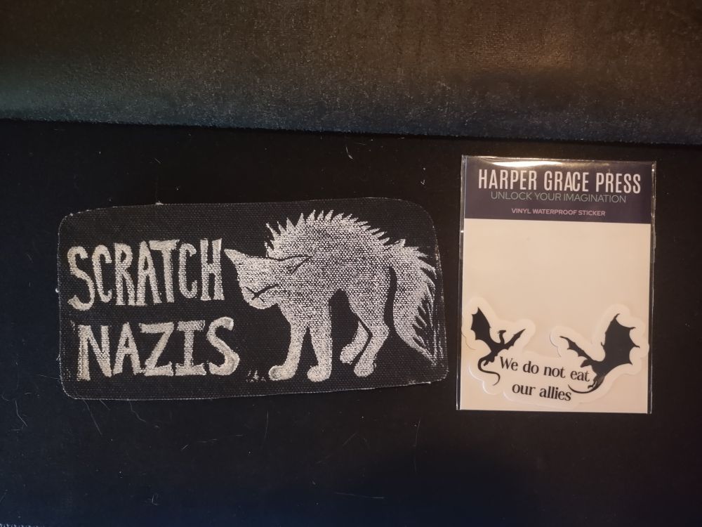 Vinyl sticker of two dragons with the words "we do not eat our allies" and a denim patch with white paint of a angry cat and the words "scratch Naz1s"