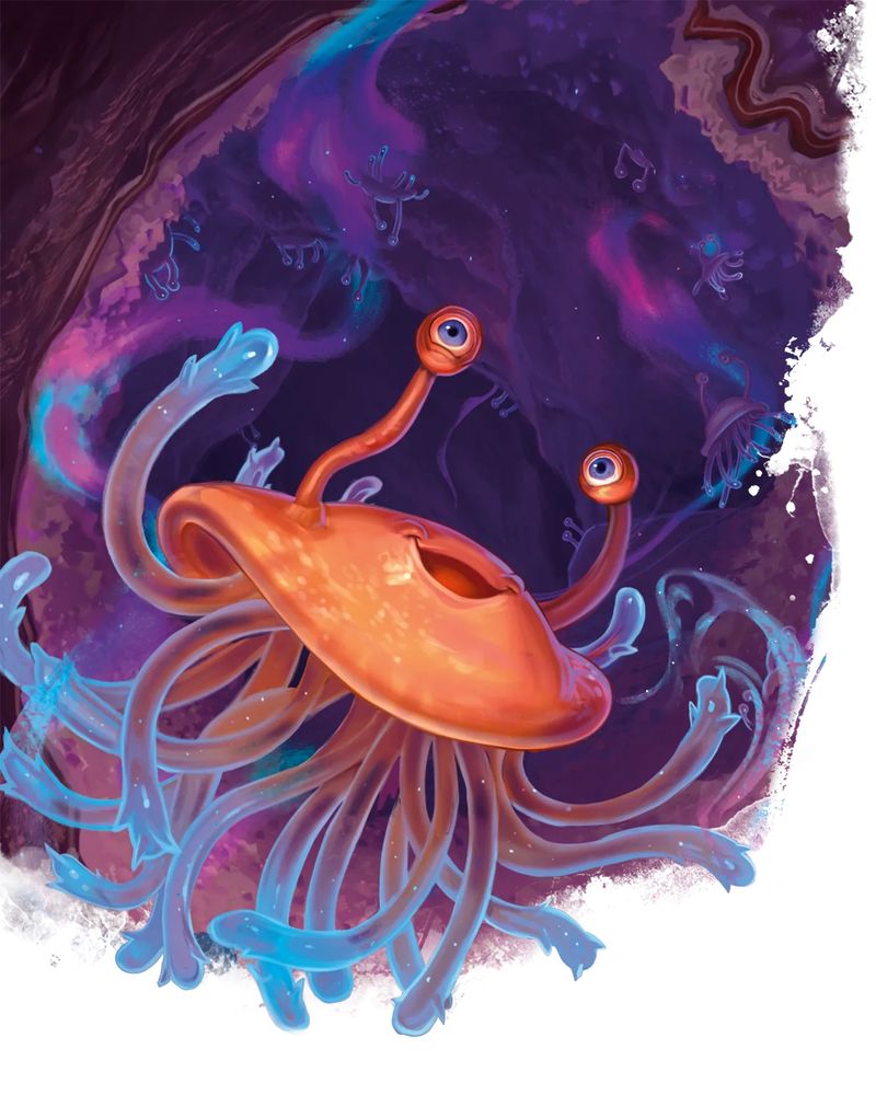 A flumph from Dungeons and Dragons, a jellyfish like creature with a happy little face and eyestalks. It is a warm orange with translucent reddish tentacles tipped in blue. The background is purplish and swirly 