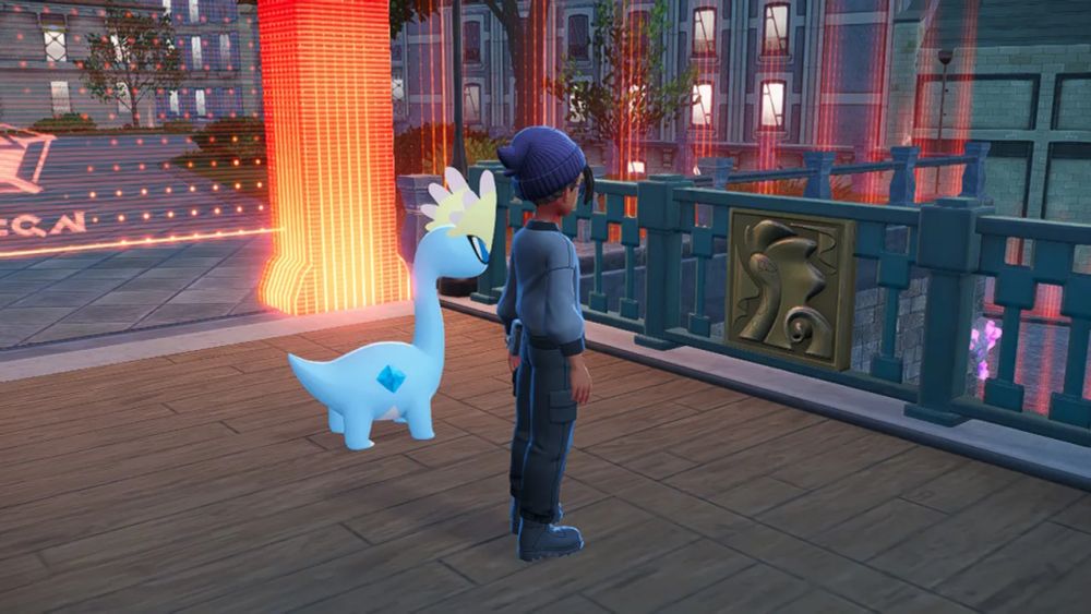 LegendsZA player char and amaura at a bridge lookin at the aurorus plaque there, it's cool