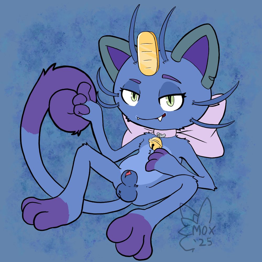 Nsfw art of a personalized alolan meowth pokesona, wearing a large pink bow and bell on their neck, showing their balls and sheath