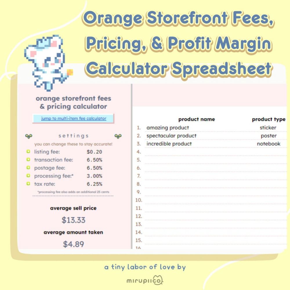 Orange Storefront Fees Pricing and Profit Margin Kawaii Calculator Spreadsheet for Cute Small Business Owners - Etsy