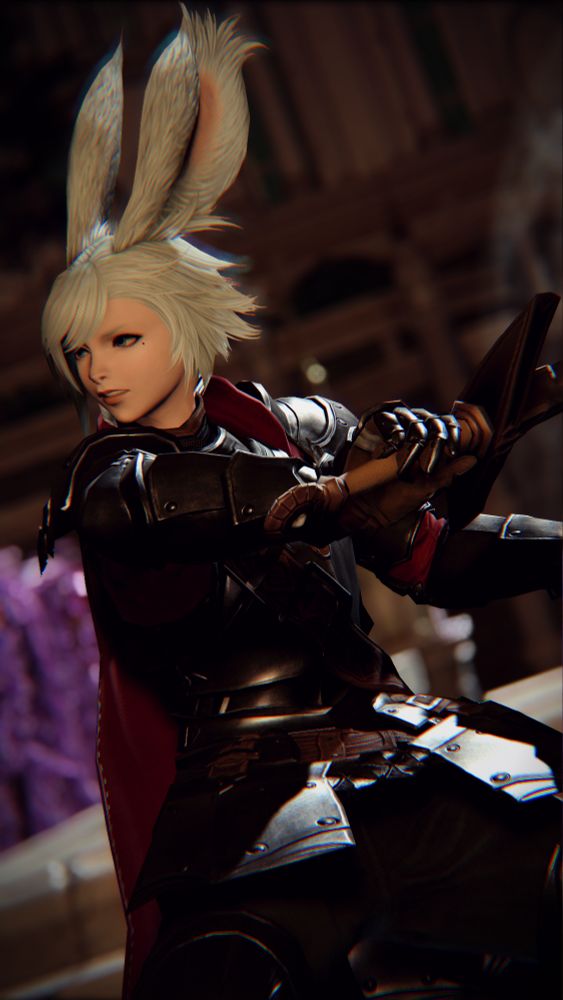 Avarice Olivie, a green-blue haired Viera woman in plate armor mid-swing of a sword. She is harshly lit against a dark background of a castle courtyard.