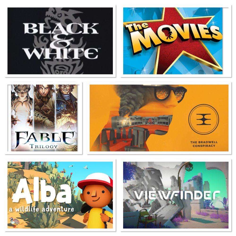 The image shows a selection of video games: Black & White, the Fable Trilogy, The Bradwell Conspiracy, Alba a wildlife Adventure & Viewfinder