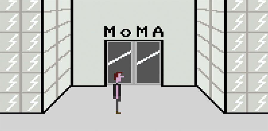 Pixel art starting point for a video game. The player stands at the entrance to MoMA at the beginning of “The Artist Is Present.”