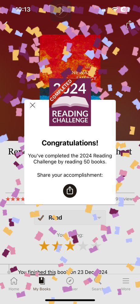 Goodreads celebration screen showing that the reading challenge has been met by reading 50 books