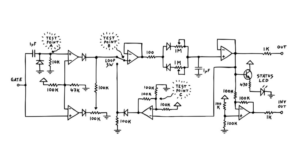 Schematic digram from the mki x es.edu envelope generator build and learning manual