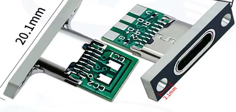 Panel mount USB connector, top and bottom view. Top view has two CC resistors and four pads: V, D-, D+, and G. Bottom view has two pads: CC1 and CC2