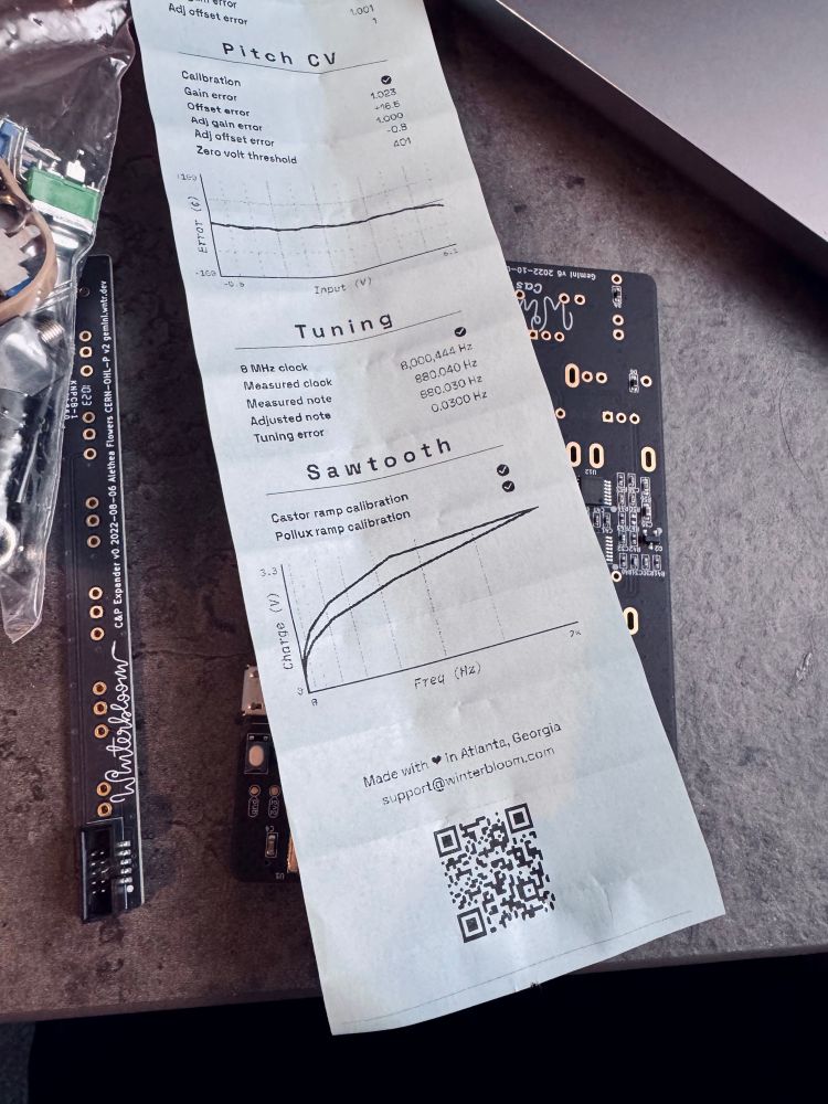 Testing receipt thermal paper printout for Castor & Pollux v2 synth module by Winterbloom with calibration graphs and data