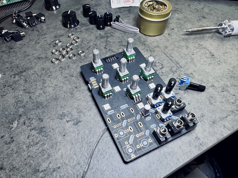Partially assembled PCB for Castor & Pollux v2 synth module by Winterbloom
