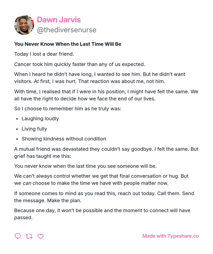 A heartfelt essay titled 'Today I lost a dear friend' reflects on the author's experience of losing a friend to cancer. The essay emphasizes the unpredictability of life and the importance of cherishing relationships. It discusses the author's struggle with wanting to visit the friend in his final days but respecting his wish for no visitors. The author chooses to remember the friend for his laughter, zest for life, and kindness. The piece conveys a powerful message about the significance of making time for loved ones, encouraging readers to reach out to those who come to mind, as opportunities to connect may not always be available.