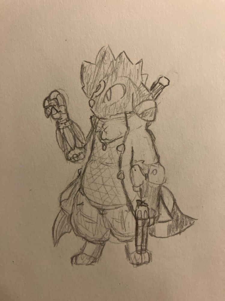 anthro umbreon wearing a long coat, holding a stupidly large revolver. He also has a robot hand. Hard to tell cause i drew this all in pencil, but hes wearing pants. The whole outfit is a reference to nero from dmc5