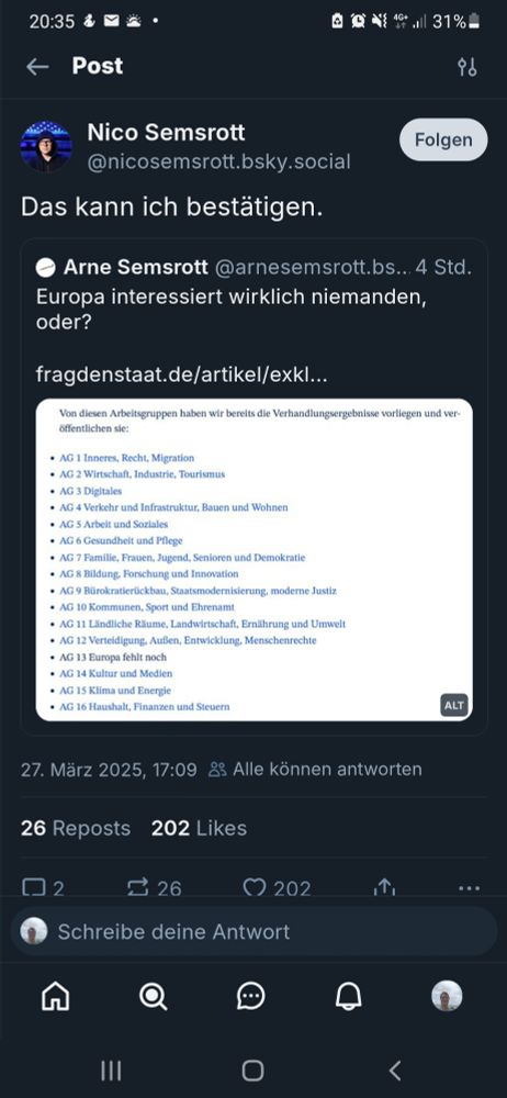 Screenshot zweier Skeets.
Arne Semsrott (fragdenstaat) skeetet unter Verweis auf die geleakten Grokoverhandljngskapitel (Europa fehlt):
"Europa interessiert wirklich niemanden, oder?"
Nico Semsrott (ehemaliger MdEP) zitiert das mit "das kann ich bestätigen."
