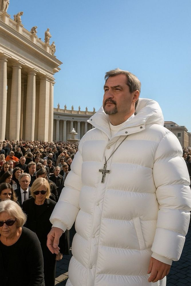 Markus Söder in weißer Daunenjacke und mit Kreuz um den Hals (wie Benedikt XVI im Zusammentreffen mit Franziskus) auf dem Petersplatz in Rom (vermutlichKI generiert).