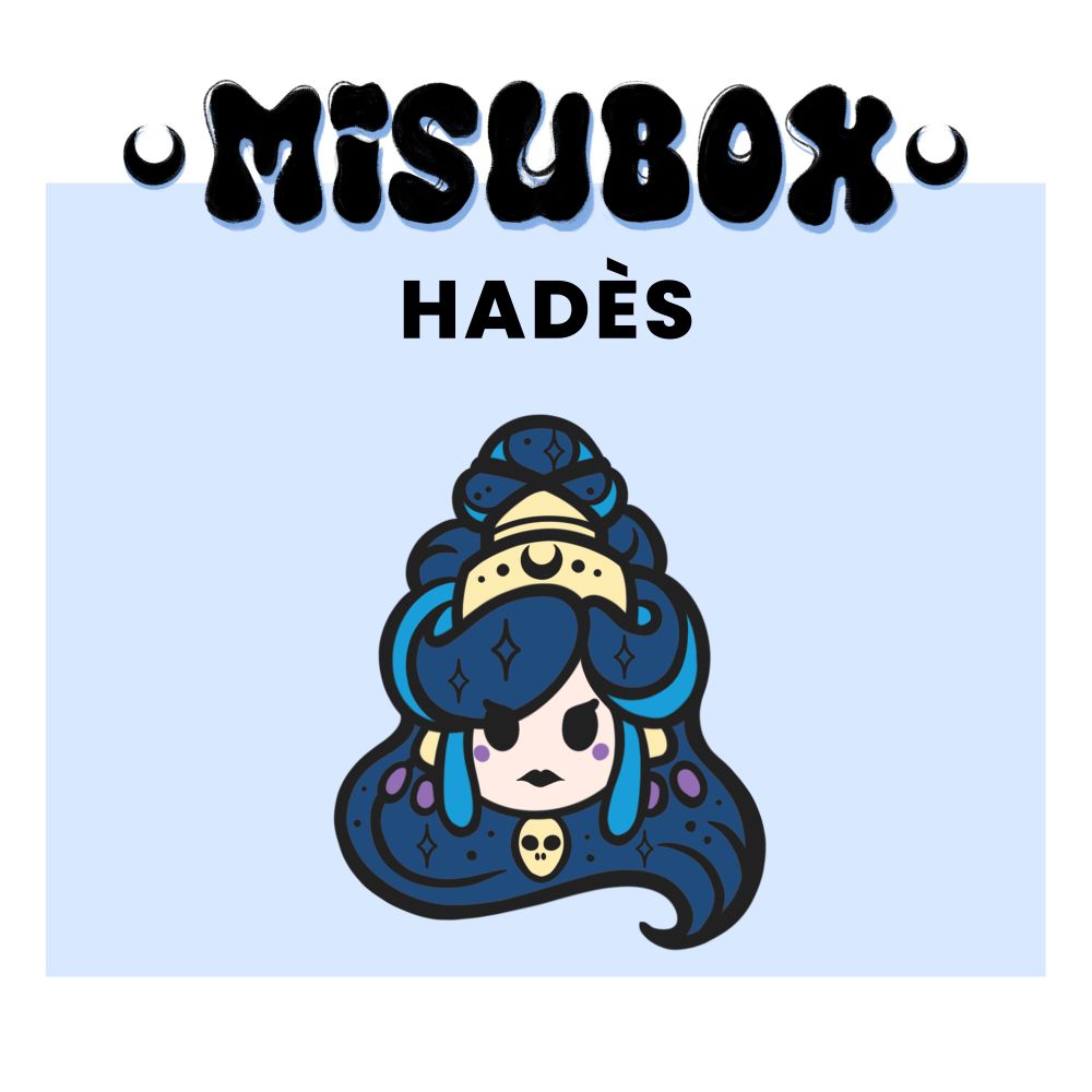 L'image présente une illustration stylisée de Nyx, personnage du jeu vidéo Hadès. Le style graphique est cartoon, avec des lignes noires épaisses et des couleurs vives (bleu foncé, bleu clair, jaune). L'ensemble est encadré par le titre « MISUBOX » en haut et le nom « HADÈS » en dessous de l'illustration sur un fond bleu clair.