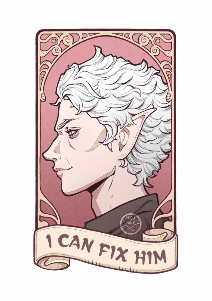 Dessin d'Astarion du jeu vidéo Baldur's Gate 3 avec une banderole "I can fix him"