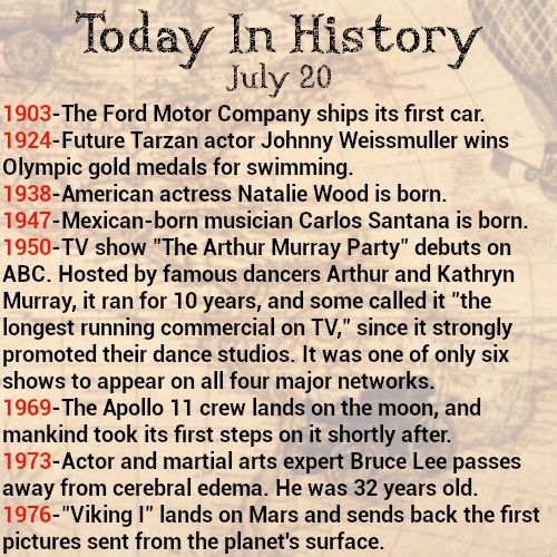 Today in history, July 20
1903-The Ford Motor Company ships its first car.
1924-Future Tarzan actor Johnny Weissmuller wins Olympic gold medals for swimming.
1938-American actress Natalie Wood is born.
1947-Mexican-born musician Carlos Santana is born.
1950-TV show "The Arthur Murray Party" debuts on ABC. Hosted by famous dancers Arthur and Kathryn Murray, it ran for 10 years, and some called it "the longest running commercial on TV," since it strongly promoted their dance studios. It was one of only six shows to appear on all four major networks.
1969-The Apollo 11 crew lands on the moon, and mankind took its first steps on it shortly after.
1973-Actor and martial arts expert Bruce Lee passes away from cerebral edema. He was 32 years old.
1976-"Viking I" lands on Mars and sends back the first pictures sent from the planet's surface.