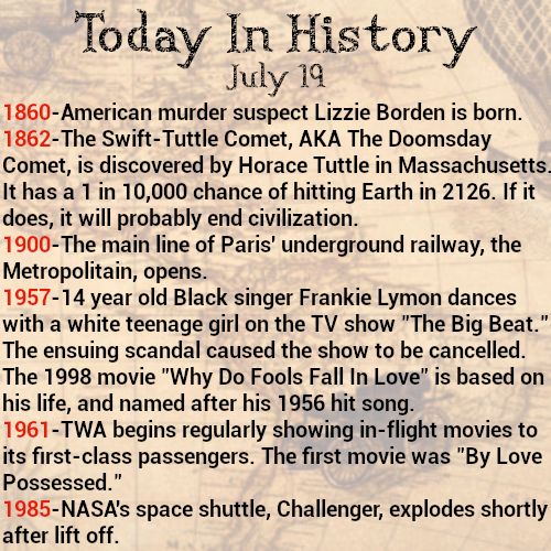 Today in history, July 19
1860-American murder suspect Lizzie Borden is born.
1862-The Swift-Tuttle Comet, AKA The Doomsday Comet, is discovered by Horace Tuttle in Massachusetts. It has a 1 in 10,000 chance of hitting Earth in 2126. If it does, it will probably end civilization.
1900-The main line of Paris' underground railway, the Metropolitain, opens.
1957-14 year old Black singer Frankie Lymon dances with a white teenage girl on the TV show "The Big Beat." The ensuing scandal caused the show to be cancelled. The 1998 movie "Why Do Fools Fall In Love" is based on his life, and named after his 1956 hit song.
1961-TWA begins regularly showing in-flight movies to its first-class passengers. The first movie was "By Love Possessed."
1985-NASA's space shuttle, Challenger, exploded shortly after lift off.