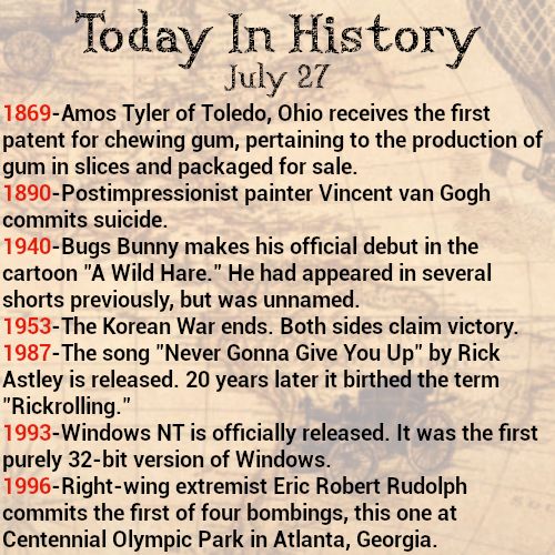 Today in history, July 27
1869-Amos Tyler of Toledo, Ohio receives the first patent for chewing gum, pertaining to the production of gum in slices and packaged for sale.
1890-Postimpressionist painter Vincent van Gogh commits suicide.
1940-Bugs Bunny makes his official debut in the cartoon "A Wild Hare." He had appeared in several shorts previously, but was unnamed.
1953-The Korean War ends. Both sides claim victory.
1987-The song "Never Gonna Give You Up" by Rick Astley is released. 20 years later it birthed the term "Rickrolling."
1993-Windows NT is officially released. It was the first purely 32-bit version of Windows.
1996-Right-wing extremist Eric Robert Rudolph commits the first of four bombings, this one at Centennial Olympic Park in Atlanta, Georgia.