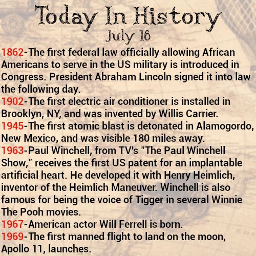 Today in history, July 16
1862-The first federal law officially allowing African Americans to serve in the US military is introduced in Congress. President Abraham Lincoln signed it into law the following day.
1902-The first electric air conditioner is installed in Brooklyn, NY, and was invented by Willis Carrier.
1945-The first atomic blast is detonated in Alamogordo, New Mexico, and was visible 180 miles away.
1963-Paul Winchell, from TV's "The Paul Winchell Show, receives the first US patent for an implantable artificial heart. He developed it with Henry Heimlich, inventor of the Heimlich Maneuver. Winchell is also famous for being the voice of Tigger in several Winnie The Pooh movies.
1967-American actor Will Ferrell is born.
1969-The first manned flight to land on the moon, Apollo 11, launches.