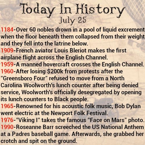 Today in history, July 25
1184-Over 60 nobles drown in a pool of liquid excrement when the floor beneath them collapsed from their weight, and they fell into the latrine below.
1909-French aviator Louis Bleriot makes the first airplane flight across the English Channel.
1959-A manned hovercraft crosses the English Channel.
1960-After losing $200k from protests after the "Greensboro Four" refused to move from a North Carolina Woolworth's lunch counter after being denied service, Woolworth's officially desegregated by opening its lunch counters to Black people.
1965-Renowned for his acoustic folk music, Bob Dylan went electric at the Newport Folk Festival.
1976-"Viking I" takes the famous "Face on Mars" photo.
1990-Roseanne Barr screeched the US National Anthem at a Padres baseball game. Afterwards, she grabbed her crotch and spit on the ground.