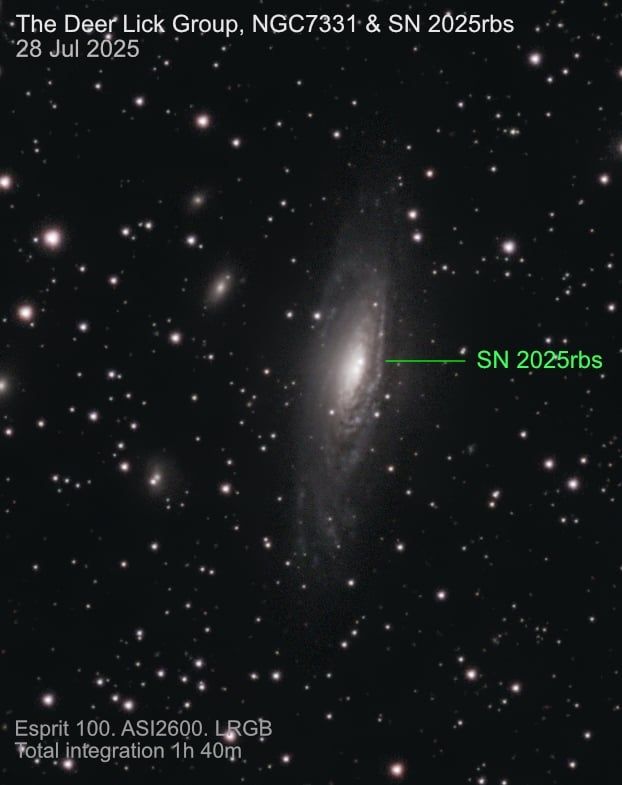 NGC7331 is about 53 million light years distant and appears small through my 100mm refractor. This is a hugely cropped image. I must have another go with a larger scope