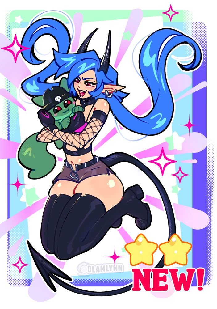 Digital art of martcoza's characters, Killia and Scout drawn in a jumping action with splash art graphics around them. Two stars and the text "NEW!" is shown to imply it is a gacha pull