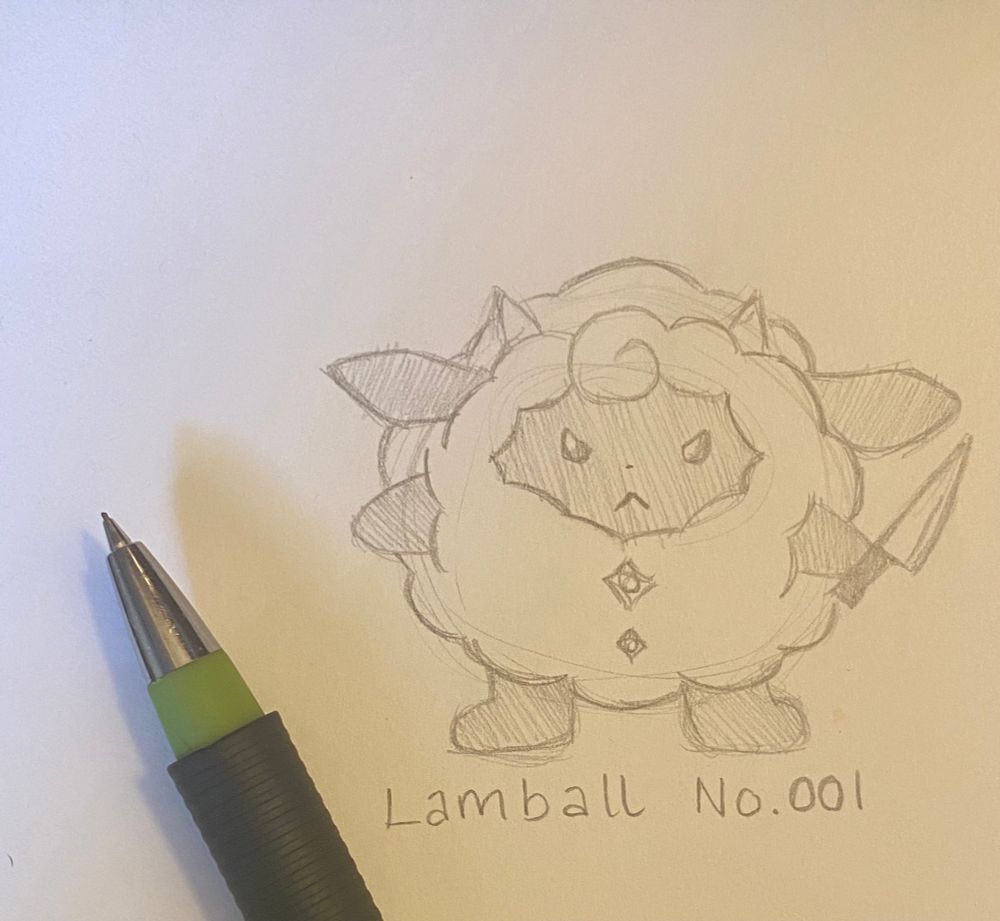 A doodle of the Pal, Lamball from Palworld, holding a knife while looking angry. 