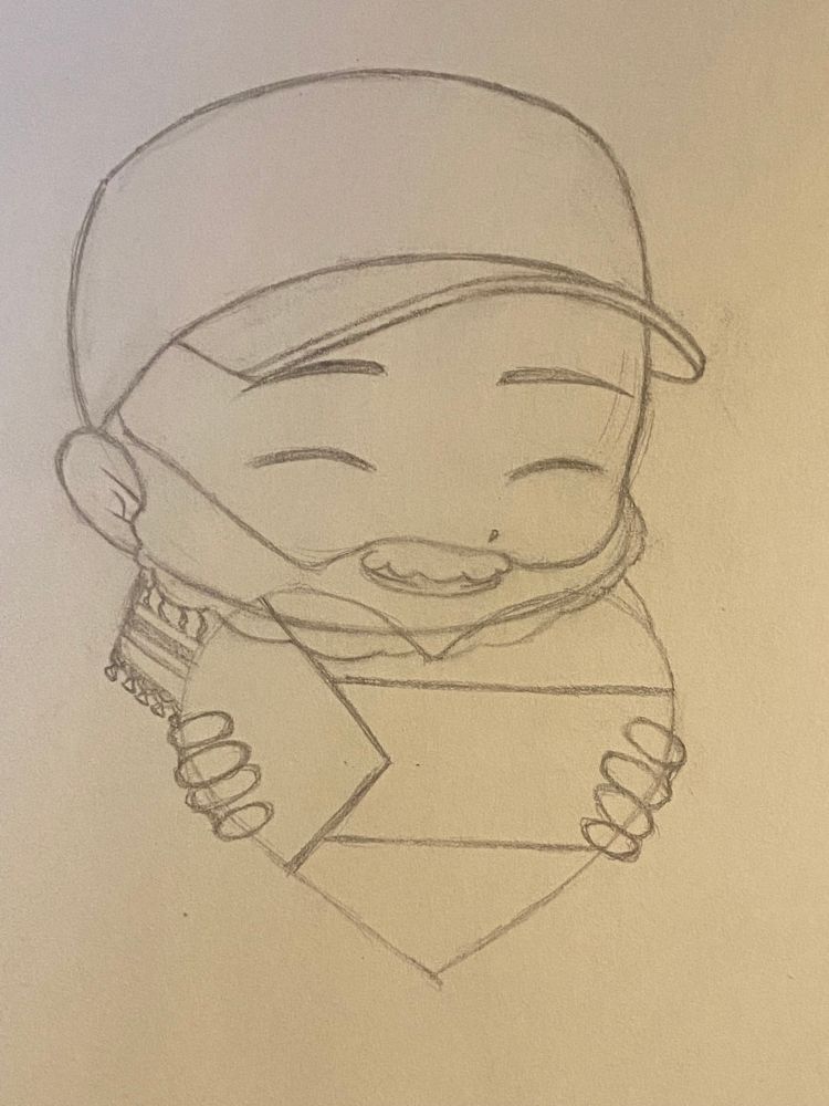 A sketch of our friend Chuck holding a heart with the Palestinian flag pattern on it. Chuck is smiling, wearing a hat and a Kufiya, free Palestine~ 