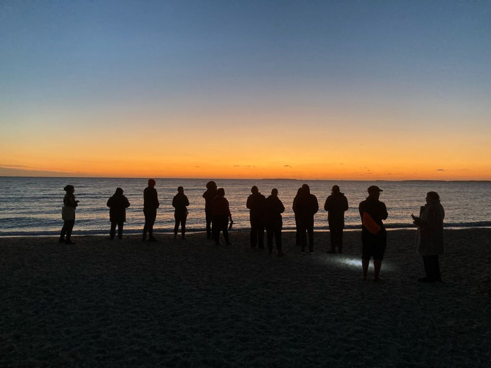 Silhouettes of sleep-deprived people waiting for the sun to come up on a cold Massachusetts beach in late October 