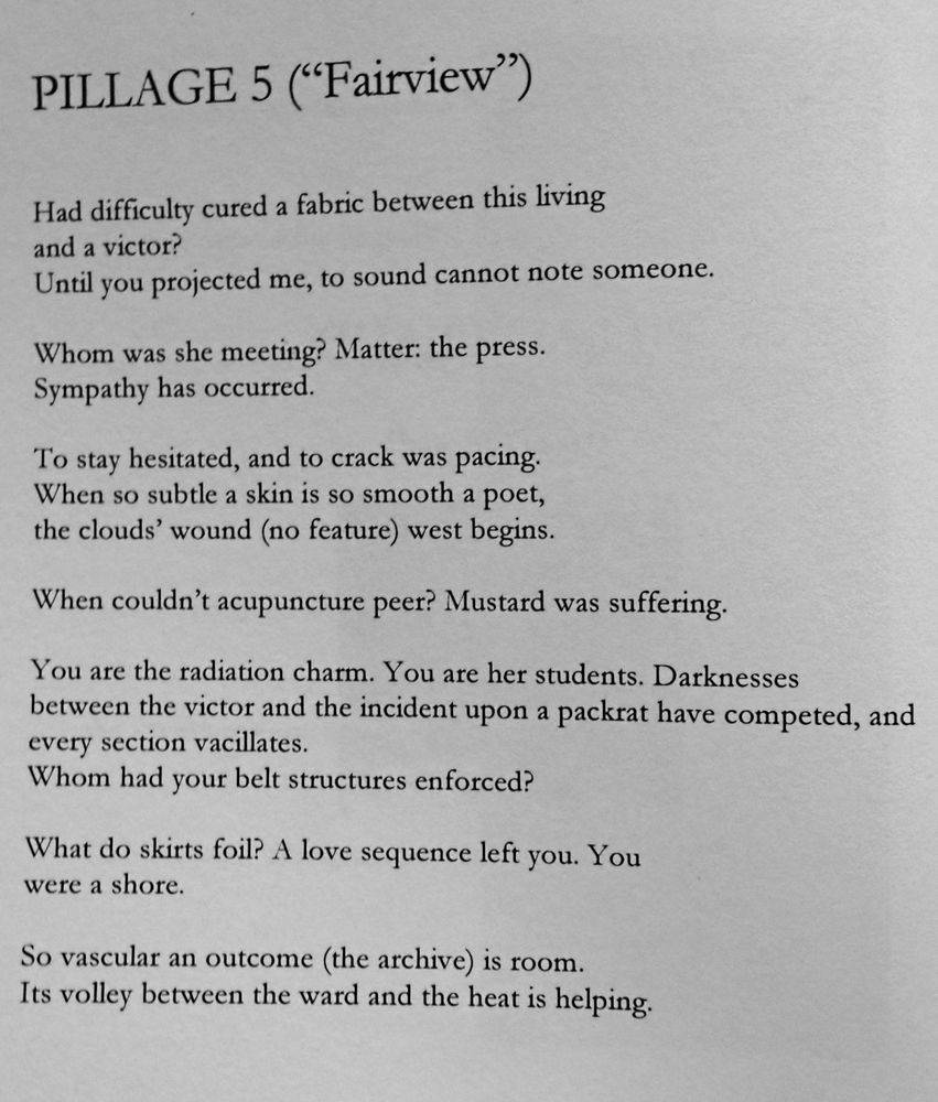A poem from Erin Moure's collection.   PILLAGE 5 ("Fairview") incl lines
"What do skirts foil? A love sequence left you. You
were a shore.: