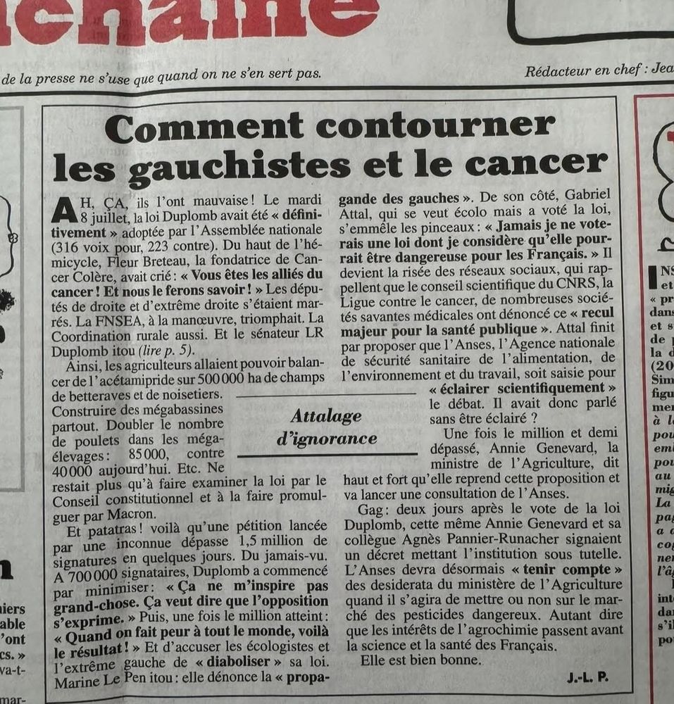 Article du Canard enchaîné sur la loi Duplomb : comment contourner les gauchistes et le cancer.