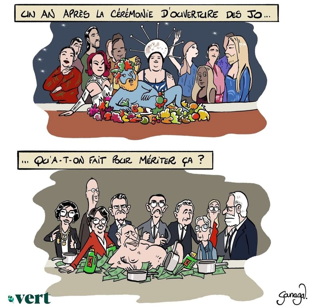 Dessin de presse. Détournement de la Cène des JO. Entouré du gouvernement, Bayrou remplace Philippe Katerine sur la table, se vautrant dans les liasses de billets, les casseroles et les récipients de pesticide.