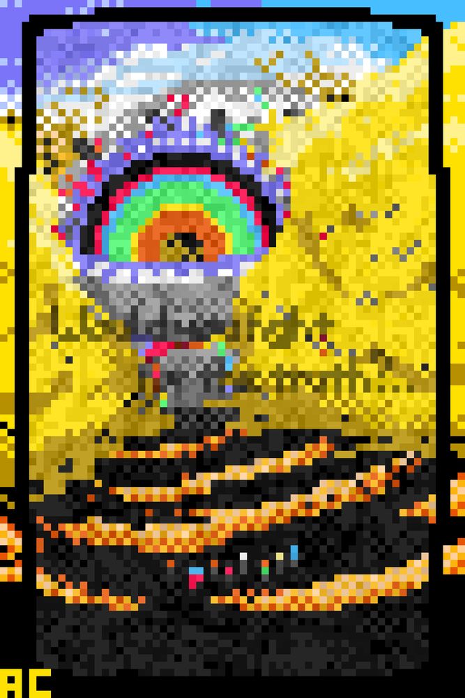 The Cast of Persona 4 Fighting Ameno-Sagiri, the games Penultimate Boss, set it a world of Obscuring Yellow Fog and Black Liquid. A TV Static Filter is over the center of the image, with very faint text that reads "Would you fight for the truth?..". The art is signed "AC" in the bottom left corner.