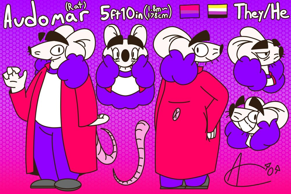 white rat with long purple hair in a red jacket.
text reads:
Audomar (Rat), 5ft10in (1.8m~, 178cm), They/He