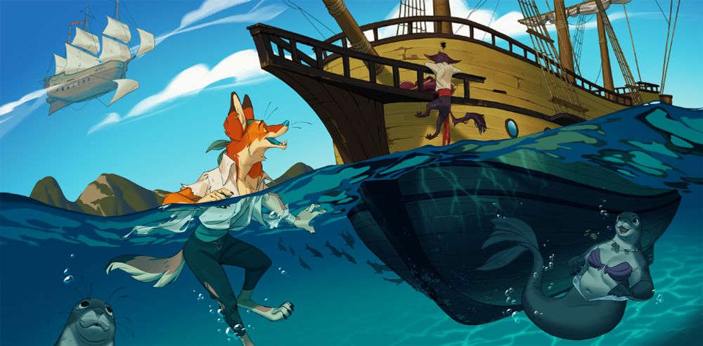 Backdrop illustration for Anthro Weekend Utah 2025. It features a split level underwater shot of a massive tall ship in tropical waters, a distant airship seen in the clouds above. Arch the coyote has just landed in the water, relieved, while Prryce clings for dear life to the edge of the tall ship, drenched. Hawai'ian monk sealmaids can be seen swimming  underneath the ship.