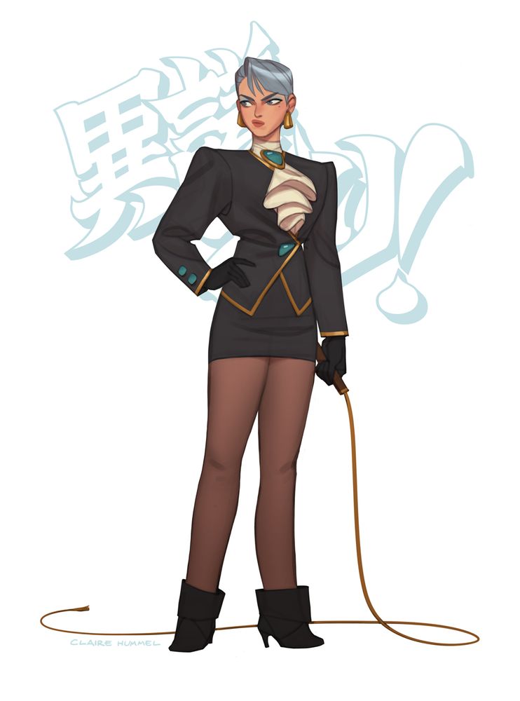 An illustration of Franziska von Karma from the Ace Attorney video game franchise, styled to look like the fashion of the late 80's/early 90's. She's wearing a shoulder-padded version of her jacket, a mini skirt, and slouch booties. Her hair is cropped short. She's pissed, looking off-screen, whip at the ready.