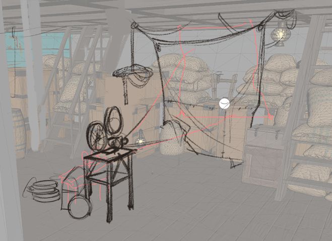 rough paintover of a makeshift projection screen in the hold of a ship for In the Valley of Gods