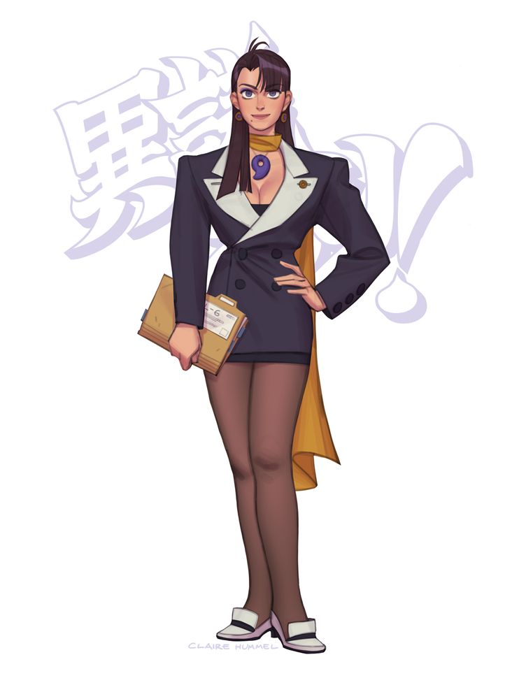 An illustration of Mia Fey from the Ace Attorney video game franchise, styled to look like the fashion of the late 80's/early 90's. She's wearing a shoulder-padded version of her jacket over a mini skirt, décolletage on FULL display. Absolute gazongas.