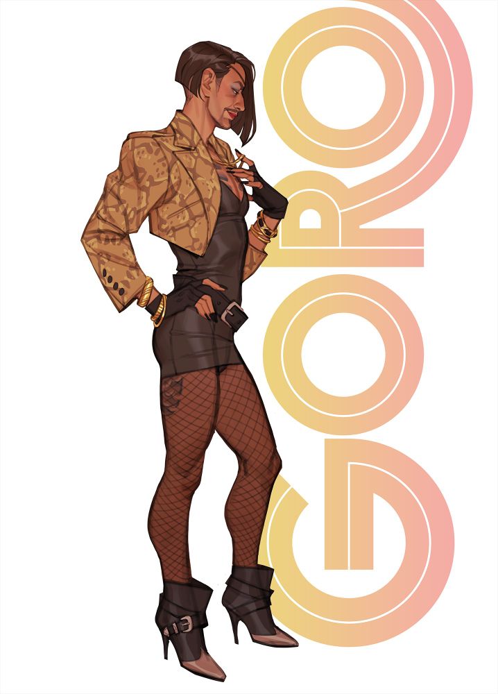 Majima Goro dressed up to the nines as "Goromi," though this time it's a 1980's version that's much more in line with Majima's personal style post-Zero. She's wearing a cropped snakeskin jacket over a black leather bodikon dress, just revealing enough in all dimensions to tease the tattoos underneath. She's toying with a gold chain around her neck, and may or may not be staring down a VERY flustered Kiryu just off-screen.

Behind her is the logo of the 1980's Japanese men's magazine GORO.