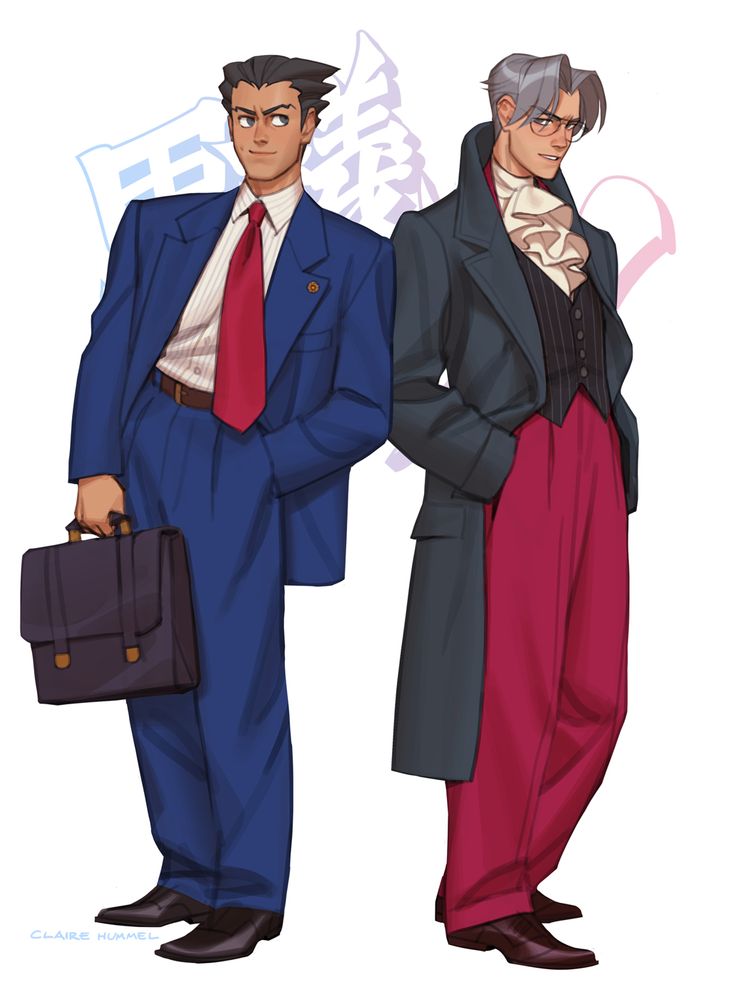 An illustration of Phoenix Wright and Miles Edgeworth from the Ace Attorney video game franchise, styled to look like the fashion of the late 80's/early 90's. Both are wearing the slouchy throwback suits of the time, think flowing Armani fashion spreads. Miles is wearing his dad's trench coat to finish the look.