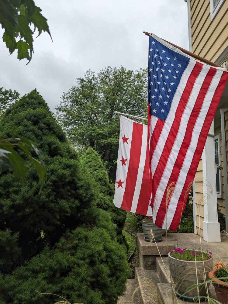 American flag & DC flag hanging at a home.