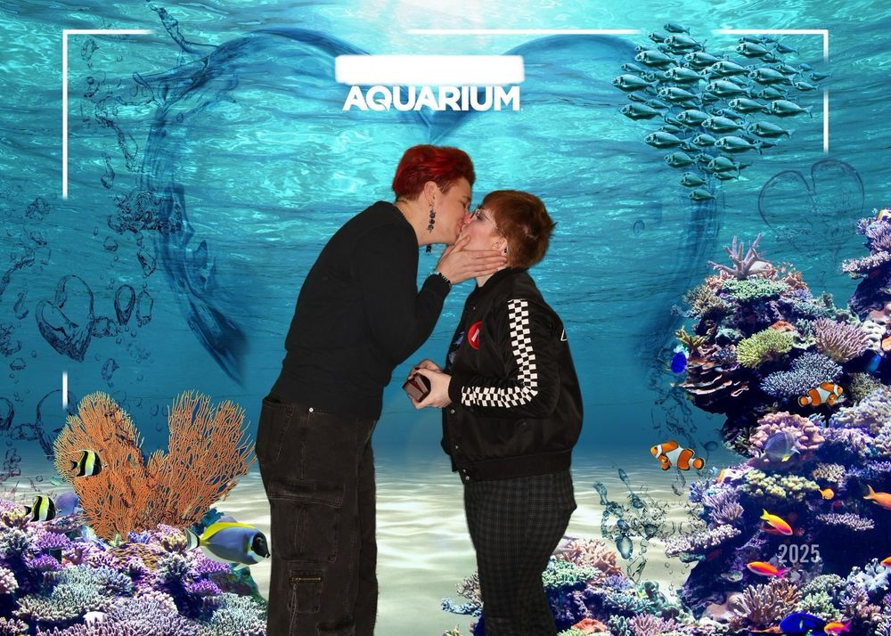 A novelty aquarium photo with edited sea background. Two people stand facing each other, kissing. Simon, on the left, is taller and leaning down, grabbing Chloe’s face to kiss. Chloe on the right has just stood up and is holding a small wooden ring box, partly closed. 