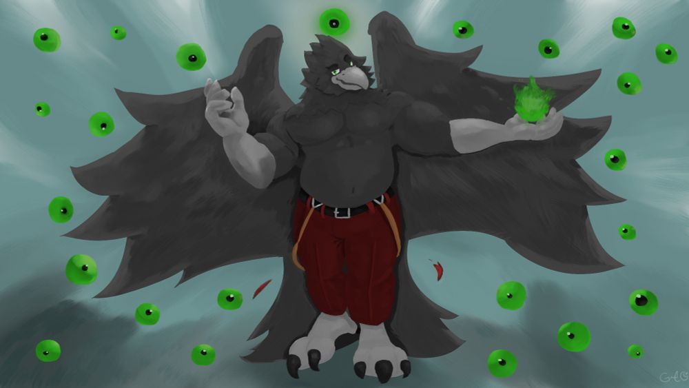 A anthropomorphic crow stands midair, wings fully spread, as an ungodly amount of eyes surround him, observing anything and everything. His face holds a small, smug expression, and a small ball of fire crackles in his left hand, leaving you in anticipation of his next move.