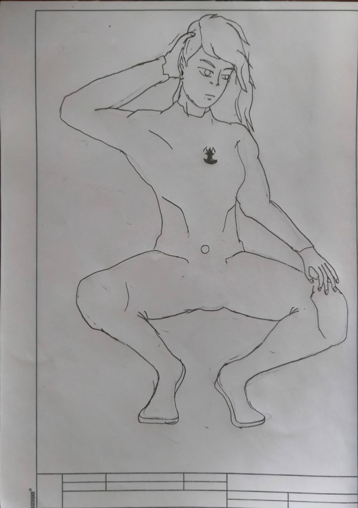 An elf woman drawing with the same pose as the photograph above